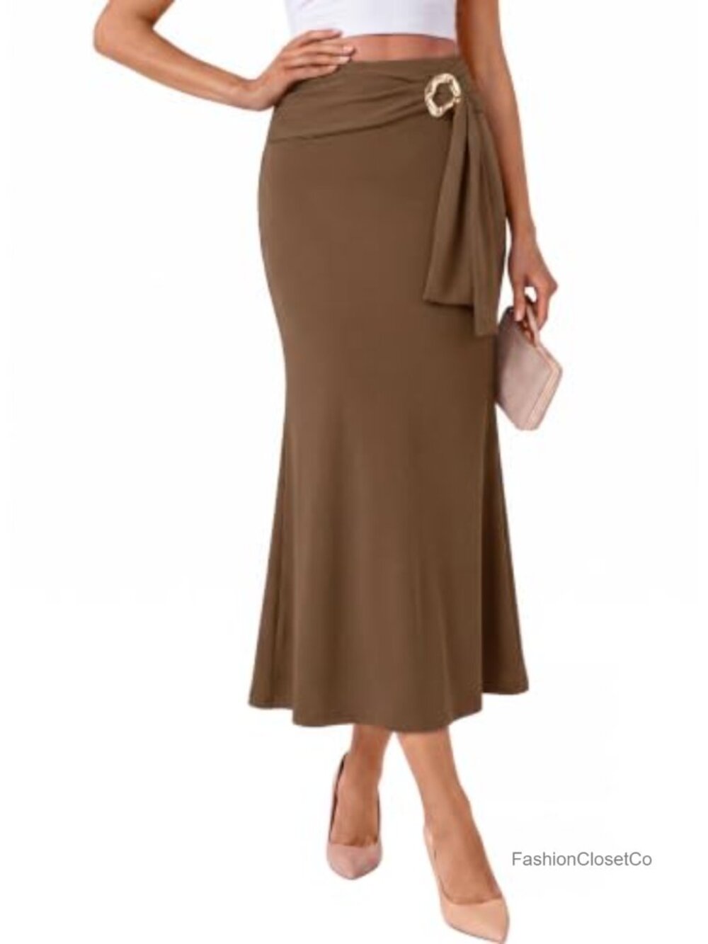 Womens Stretch High Waist Midi Bodycon Skirt Gold Buckle Business Casual